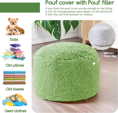 HIGOGOGO Round Stuffed Pouf Ottoman, Long Faux Fur Poufs with Foam Chunk Filling, Fluffy and Furry Pouf Foot Stool Storage Ottoman, 20 X 15 Floor Poufs Foot Rest for Living Room, Green