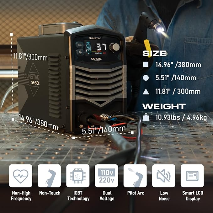 Plasma Cutter, Non-Touch Pilot Arc 50Amps Non-High Frequency Plasma Cutting Machine with Large LCD Display 110/220V Dual Voltage IGBT Inverter 4/5 Inch Max Cut 2T/4T, for Beginners DIY