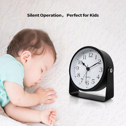 Small Desk Analog Alarm Clock Battery Powered Mini Metal Nightstand Shelf Clock with Light Side Table Decor Mid Century Cute Alarm Clock for Heavy Sleepers Bedrooms Desktop Living Room Bathroom
