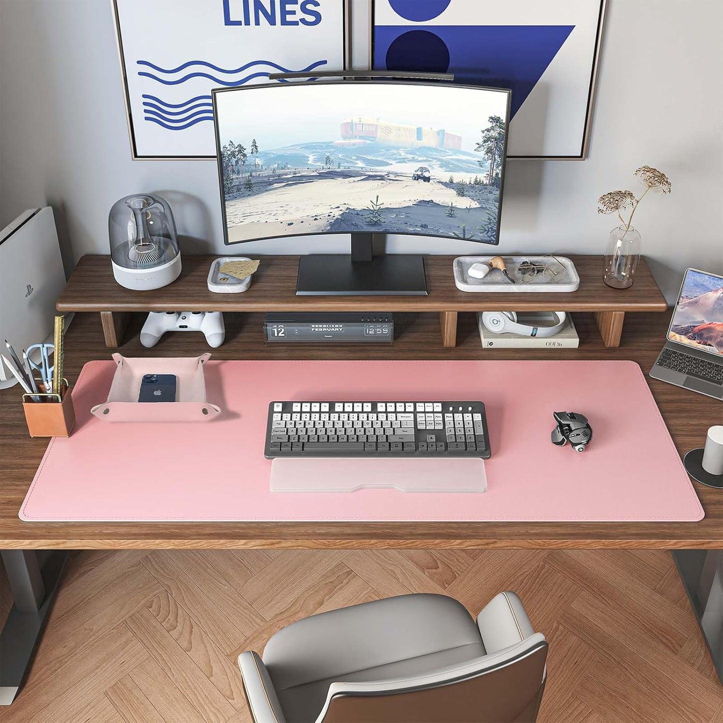 DAWNTREES Pink Desk Mat,Leather Desk Pad,40"x16",Cork Desk Mat Protector,with PU Leather Valet Tray Organizer,Large Mouse Pad,Desk Writing Pad for Office and Home