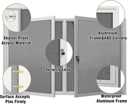 48"x30" Enclosed Bulletin Board, Outdoor Lockable Weather-Resistant Aluminum Cork Noticeboard for School & Office, Silver Frame w/Grey Flet