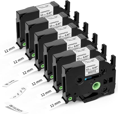 Airmall Compatible with Brother 12mm 0.47 Laminated White Tz Tape Tze Label Maker Tape Refill TZe-231 TZe231 Replace for Brother P Touch D210 D200 D400 1280 1290 1880, Black on White 1/2 Inch, 6-Pack