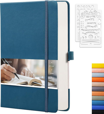 EMSHOI Dotted Notebook - 256 Pages A5 Dot Grid Journal Bullet Notebook with 120gsm Thick Dotted Paper,16 Perforated Pages, Hardcover Leather, Pen Holder, Inner Pocket, 5.75" x 8.38"-LightBlue