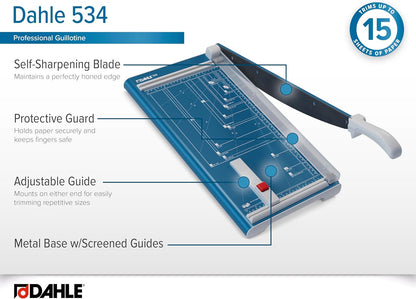 Dahle 534 Professional Guillotine Trimmer, 18" Cut Length, 15 Sheet Capacity, Self-Sharpening, Manual Clamp, German Engineered Paper Cutter
