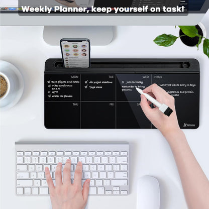 Varhomax Glass Weekly Planner Desk White Board, Desktop Calendar Whiteboard with Storage, to Do List Memo Caddy for Home Office and School Supplies, Black