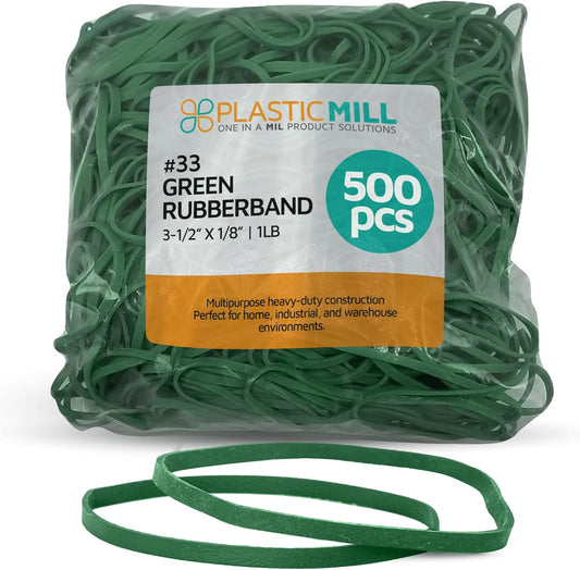 PlasticMill Green Rubber Bands Size 33 (3 1/2" x 1/8") - #33 Colored Rubber Bands Office Supplies - Strong, Elastic Bands for Crafts, Balloon Garland, Cash, File Folders (500-Pack)