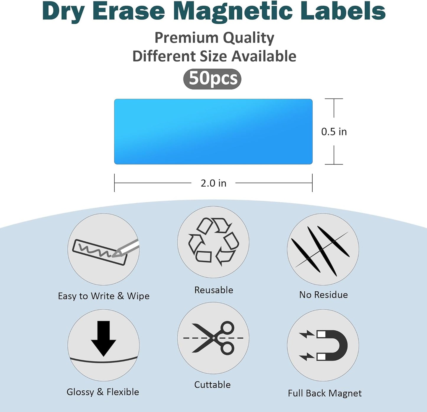LLPT Dry Erase Magnetic Labels 0.5" x 2" 50 Packs Blank Writable Magnet Stickers Reusable for Refrigerator Shelf Whiteboard Toolbox Craft and Other Metallic Surfaces Blue (DML0520BL)