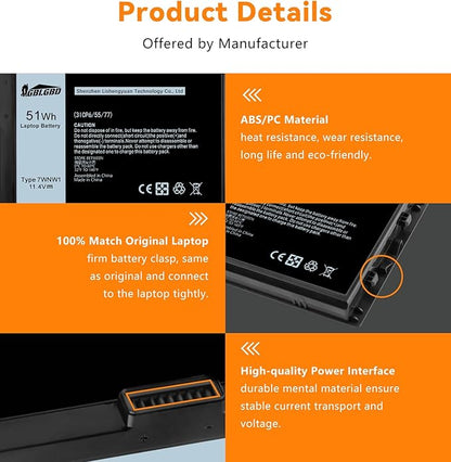 7WNW1 Replacement Battery for Dell Latitude 5420/5424/7424 Rugged Extreme Series, Dell P85G P86G P137G P137G001 P137G002 P85G001 P86G001 Series, (3-Cell Li-ion, 11.4V, 51Wh, 3900mAh)