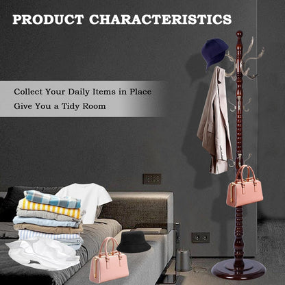 Coat Racks FreeStanding with 14 Hooks, Natural Wood Coat Rack with Solid Round Base, Adjustable Height Coat Racks, Easy Assembly for Hallway, Bedroom and Office (Reddish Brown-Metal Hook)