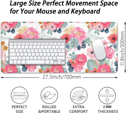 Watercolor Flowers Desk Pad Mouse Pad,Large Floral Mouse Mat with Stitched Edges,Non-Slip Rubber Base Mousepad for Office PC Keyboard Laptop and Home Work Desk Mat(27.5X11.8 in)