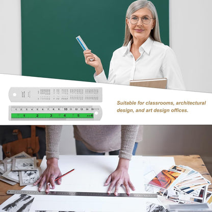 HARFINGTON 2pcs Metal Straight Ruler 15cm Metric SAE Aluminum Alloy Measuring Rulers Scale Tool with Hole for Measure Study Reading Classroom Office, Green