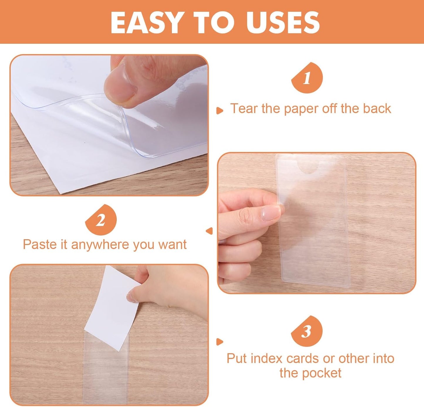 Outus 100 Pcs Clear Self Adhesive Pockets - Bin Labels for Storage Bins, Pocket Label Sleeves, Plastic Index Card Holder with Top Open for Organizing Bins Box Drawer(2 x 3.75, 2 x 1.5 Inch)