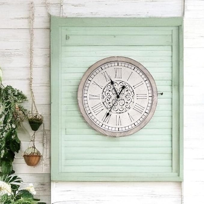 Large Decorative Vintage Worn Wall Clock - Big Farmhouse, Rustic, Coastal Decor - 25 inches for Living Room or Bedroom - Battery Operated