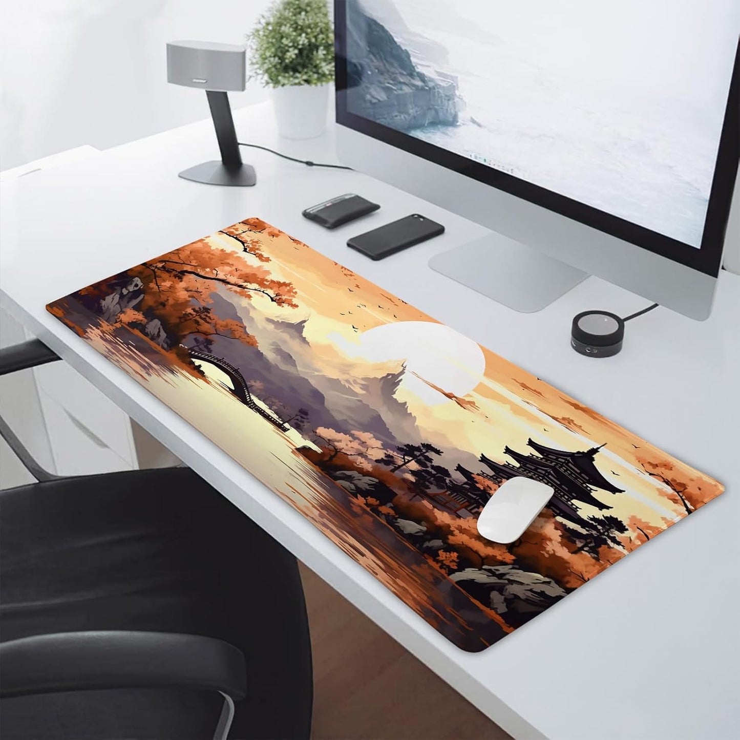 Orange Japanese Sakura Gaming Mouse Pad XXL Yellow Cherry Blossom Mountain Aesthetic Large Desk Mat Big Mousepad Non-Slip Rubber Base Stitched Edge Long Mousepad for Desktop Office, 35.4 x 15.7 in