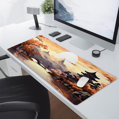 Orange Japanese Sakura Gaming Mouse Pad XXL Yellow Cherry Blossom Mountain Aesthetic Large Desk Mat Big Mousepad Non-Slip Rubber Base Stitched Edge Long Mousepad for Desktop Office, 35.4 x 15.7 in