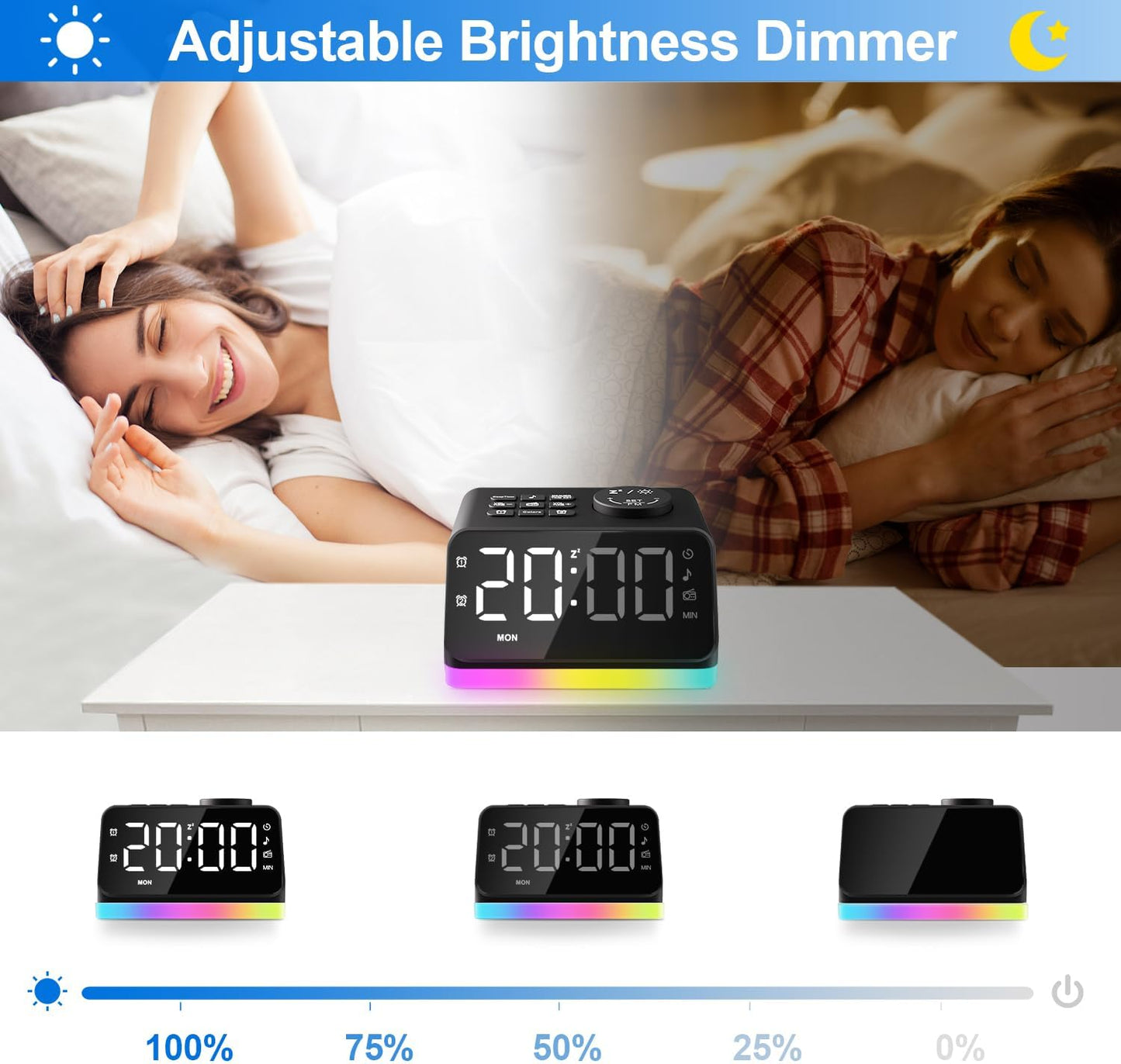 JALL Digital Alarm Clock with FM Radio for Bedroom, 8 Colors Night Light with Charging Port, Sleep Sound Machines with Timer, Dual Alarm (Black with RGB Font)