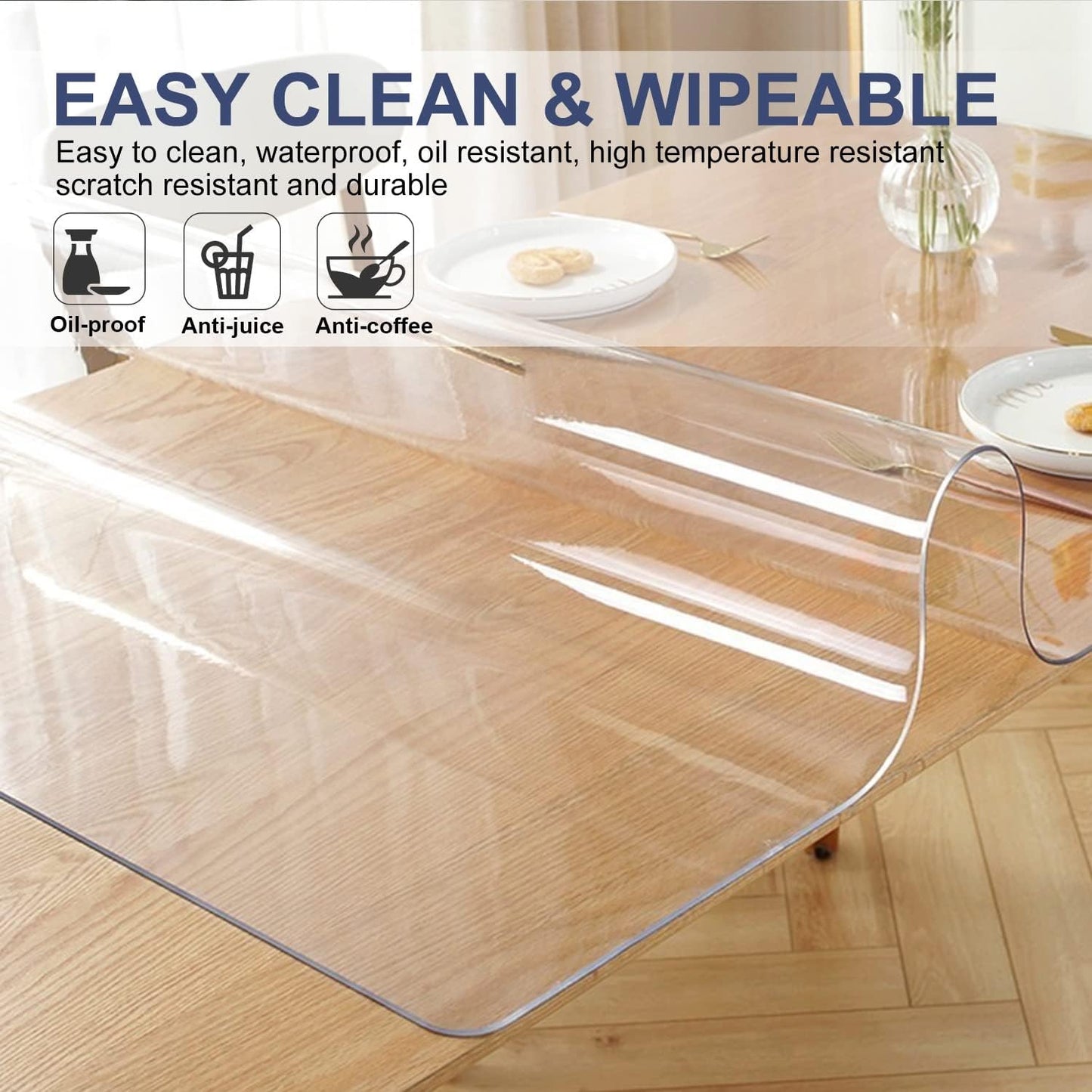 Square Clear Table Protector Vinyl Plastic Tablecloth Liner Cover Desk Blotter Mat Wipeable Easy Clean Protective Pad PVC Furniture Coffee Accent Dining Conference Tabletop Heat Resistant 60x60"