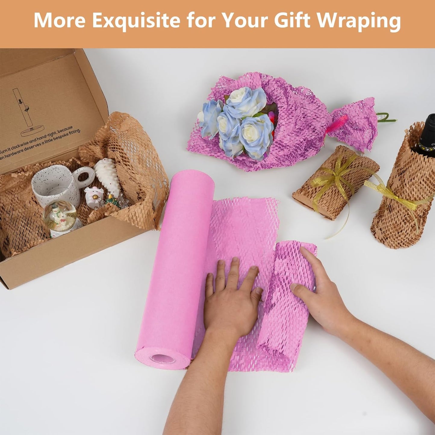 Honeycomb Packing Paper, 12" x 200' Packing Paper Substitute Alternative for Bubble Cushioning Wrap for Moving Shipping Packaging, Recyclable Moving Supplies Bubble Packing Wrap Roll-Pink