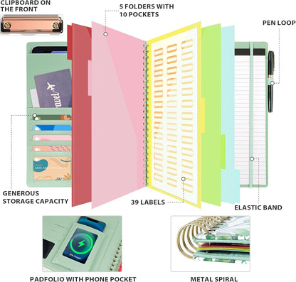 Clipboard with Storage for Men Women, Leather Padfolio Portfolio Organizer 5 Folders with 10 Pockets, Spiral Clipboard Folio with Notepad for Letter Size, Elastic Closure and Pen Loop Green Plants