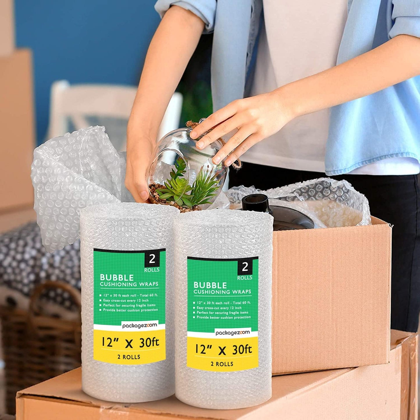 12" x 60 ft Bubble Cushion Wrap, Perforated Every 12 Inch 2 Rolls 30 ft Each for Packing & Moving