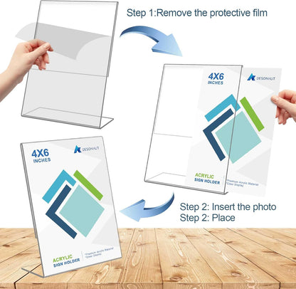 8Pack Slanted Back Acrylic Sign Holder 4 x 6Inches，Clear Plastic Sign Holder Paper Photo Display，Menu Table Top Desktop Stand，Clear Picture Frame，Flyer Holder(Vertical)