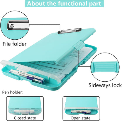 Clipboard with Storage,A4 Clipboards with Pen Holder,Heavy Duty Plastic Storage Clipboard with Low Profile Clip,Nursing Clipboards Folder Side-Opening,Smooth Writing Clip Board for Office-Blue Green