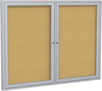Ghent 36"x60" 2-Door indoor Enclosed Bulletin Board , Shatter Resistant, with Lock, Satin Aluminum Frame - Natural Cork (PA23660K) Made in the USA