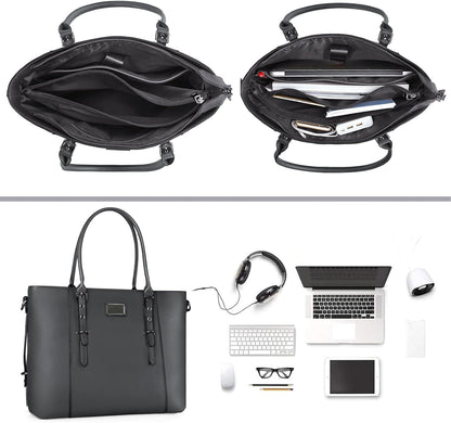 MOSISO PU Leather Laptop Tote Bag for Women, Waterproof Large Capacity Business Work Briefcase Shoulder Laptop Bag