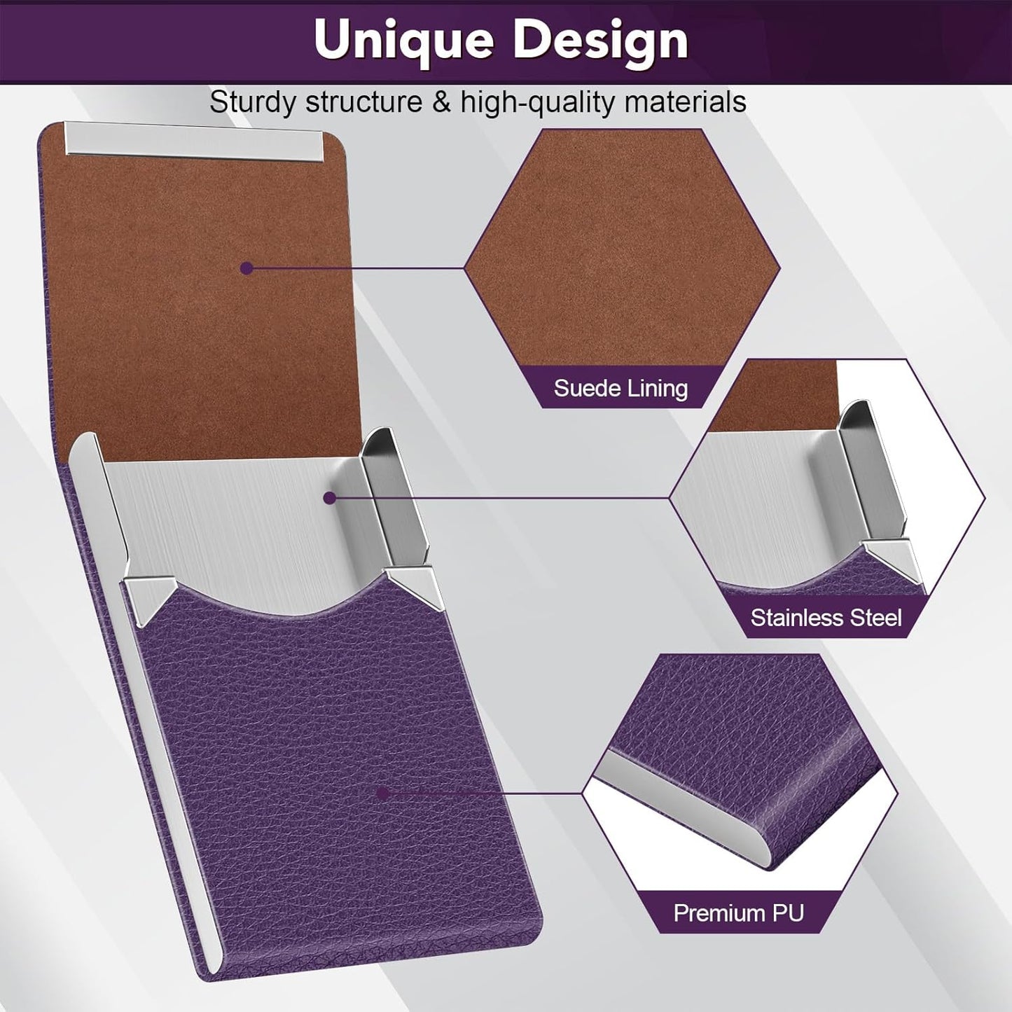 Business Card Holder with Ultra Slim Design, Business Card Case with Premium PU Leather, Suit Pocket Metal Card Holder for Women/Men, Magnetic Closure Quick Access Cards