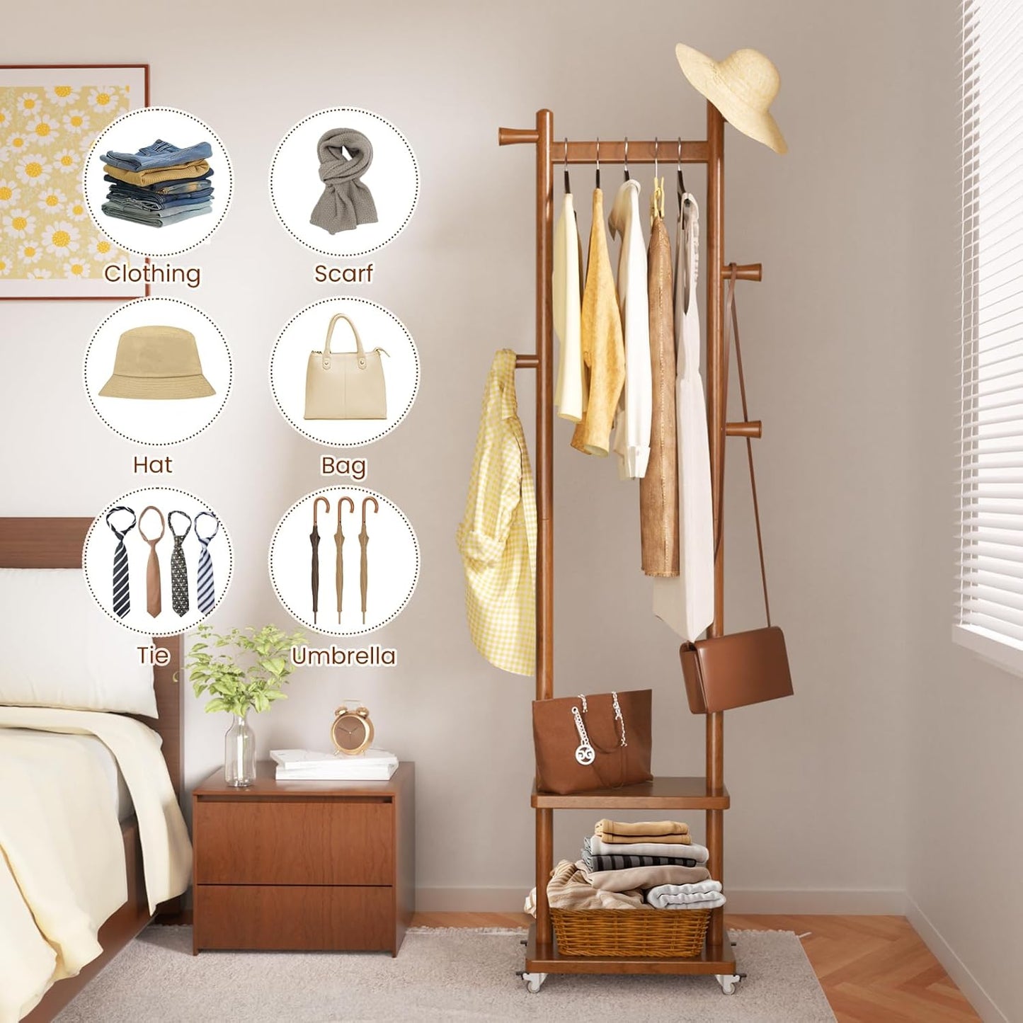 Coat Rack Freestanding Clothing Rack with Wheels & 2 Shelves Storage & 5 Hooks Heavy Duty Clothes Rack Wood Coat Tree Stand Hat Hanger Rack for Corner Bedroom Entryway Living Room Hotel