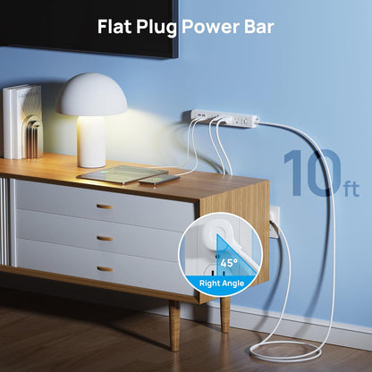 TROND Surge Protector Power Strip with USB, Ultra Thin Flat Plug 10ft Long Extension Cord 1625W, 3 USB A & 1 Type C, 4 AC Outlets 1440J Surge Protection Wall Mount for Home Office Dorm Room, White