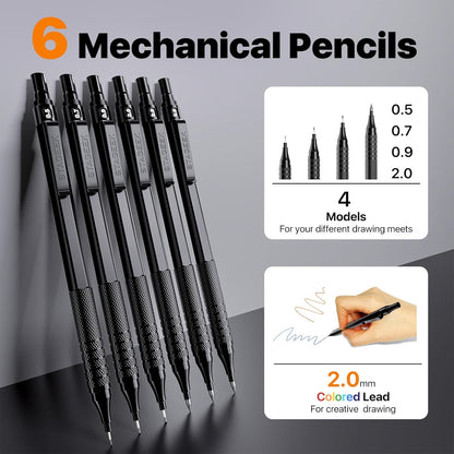 35PCS Black Art Mechanical Pencil Set in Case，0.5 0.7 0.9 2.0 Graphite Metal Drawing Drafting Pencils, Sharpener Erasers 384PCS Lead Refills (6B 4B 2B HB 2H 4H Colors) for Writing Sketching