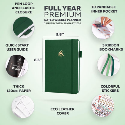 Clever Fox Dated Planner Premium 2025 – Weekly Agenda for Planning & Time Management –Notebook with Habit Tracker & To-do List (Forest Green)