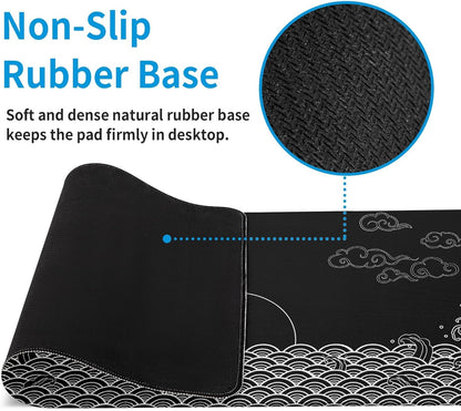 Japanese Sea Wave Gaming Mouse Pad Black Large Anime Mousepad Extended Mouse Mat 31.5''x11.8'' 3mm Thick Non-Slip Rubber Base Big Desk Pad for Office
