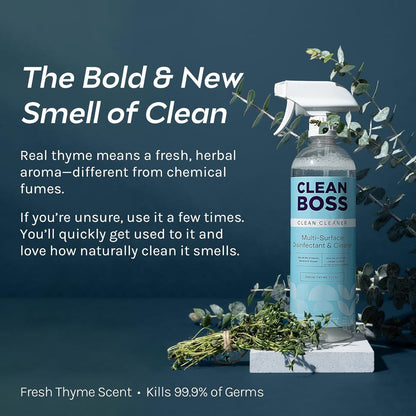 CleanBoss Botanical Disinfectant - 24 oz (Pack of 2) - Multi-Surface Cleaner - Kills 99.9% of Germs + Cold & Flu Viruses - Fresh Thyme Scent - No Rinse on Food Contact Surfaces - Pet Friendly