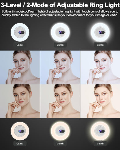 2K Webcam with Light, HD Webcam for PC with Built-in Privacy Cover, Adjustable Brightness, Noise Reduction Mics, for Zoom Skype Teams Laptop and Google Meet