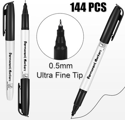 Aodaer 144 Pack Permanent Markers Black 0.5mm Ultra Fine Point Markers, Waterproof, Quick-drying, Smooth Writing Markers for Home Office School Supplies, Works on Wood, Plastic, Metal