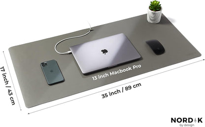 Nordik Leather Desk Mat Cable Organizer - Alaskan Gray 35 X 17 inch - Premium Extended Mouse Mat for Home Office Accessories - Non-Slip Vegan Leather Desk Pad Protector & Desk Blotter Pad