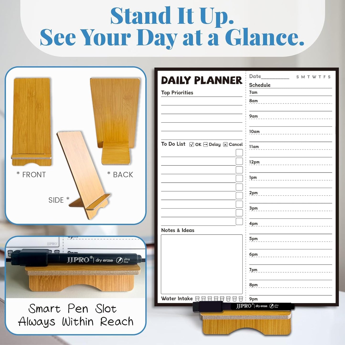 JJPRO Reusable Desktop Daily Planner with Stand,Reusable Time Schedule Board,11"x8.5" Hourly Schedule Dry Erase Board with Time Slots,Desk Hourly Dry Erase Board with Detachable Engineered Wood Stand for Office, Home