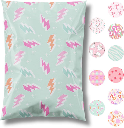 10x13 Designer Poly Mailer 100 Pack Heavy Duty Waterproof Self Seal Shipping Bags for Small Business Large Mailing Envelopes Bulk Tear Resistant Cute Packaging Lightning Bolt