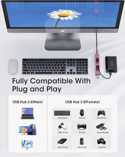 FORIDA USB Hub Long Cable 8 Ports multiport Adapter with 7-USB3.0 Data Ports and Type-C 5V/3A Power Port,USB Extender for Laptop PC and More (Rose Gold, USB A-47in)