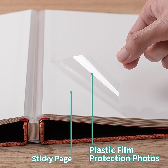 Photo Album Self Adhesive 3x5 4x6 5x7 6x8 8x10 8.5x11 11x10.6 Magnetic Scrapbook Album DIY Length 11x10.6 Inch 40 Pages Linen Cover DIY Photo Album with A Metallic Pen and and Plastic Board(Orange)