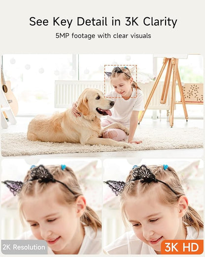 Smart 3K Indoor Dome Security Camera with AI Human/Pet/Facial Detection, 360° Pan-Tilt Coverage, 2-Way Audio, 2.4GHz 5GHz Dual-Band Wi-Fi - Includes 64GB SD Card & No Subscription Needed