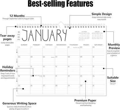 GuassLee 2025 Wall Calendar - 12 Monthly Calendar from September 2025 to August 2026, 14" x 11" 2025-2026 Hanging Calendar with Spiral Binding Week Numbers for School Home Office Planning & Organizing