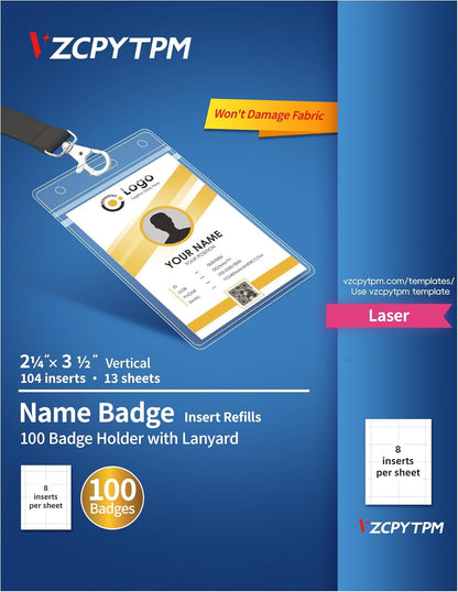 Customizable Name Badges Insert and Holder,2-1/4x3-1/2 Inch Vertical,White Printable Name Tag Insert Refills for Name Tag Holder,Laser/Inkjet Printable,100 Badges Insert and 100 Badges Holder