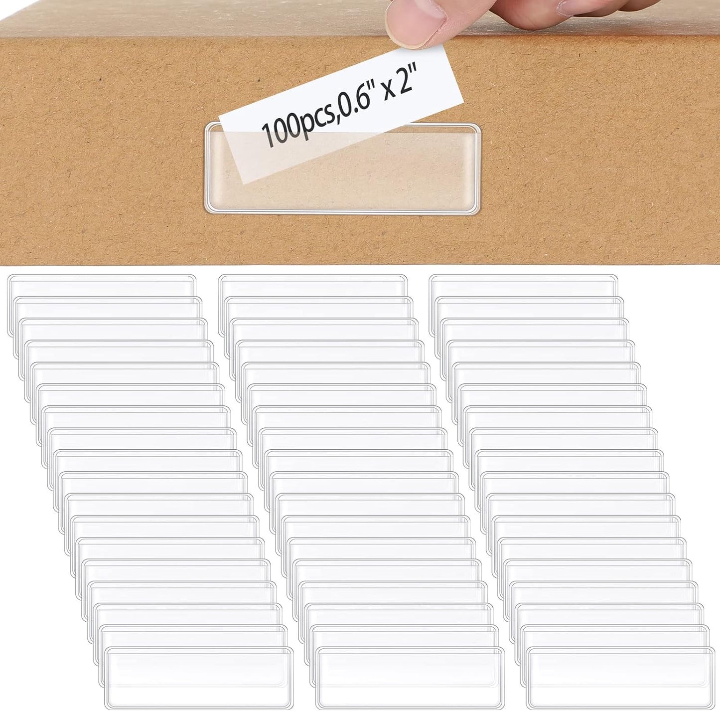 Jeyiour 100 Pcs Label Holders Adhesive Nameplate Pockets Storage Bin Labels Index Card Holder Shelf Plastic Peel Stick for Classroom Supermarket Bookshelf Library Student Box Drawer (2 x 0.6 Inch)