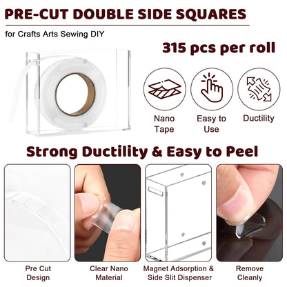 315 PC Double Sided Sticky Nano Dots 0.5" Precut Thin Nano Tape with Acrylic Dispenser Box Clear Adhesive Glue Dots Double Sided Sticky Putty for Poster Wall Hanging Crafts Removable(Tape+Box)