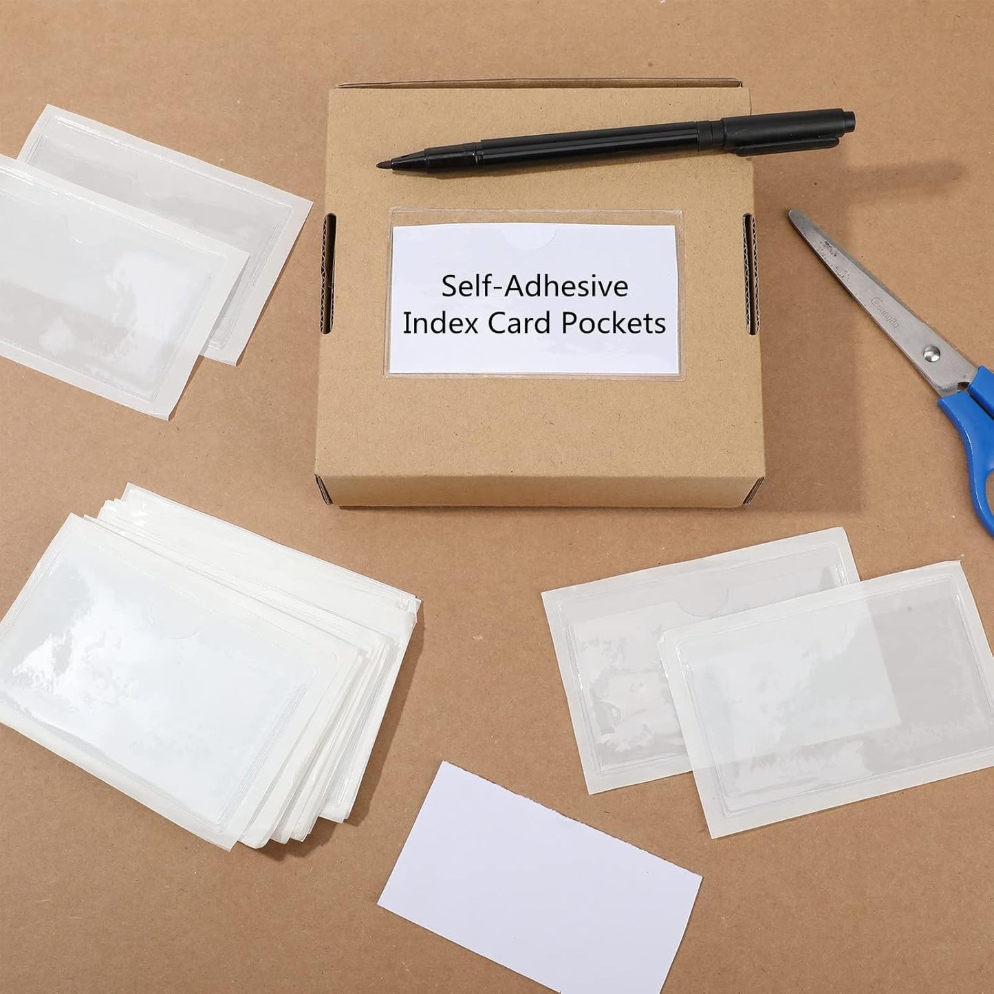 Outus 500 Pack Self Adhesive Index Card Holder Clear Plastic Label Pockets with Top Open for Loading Sticky Business Card Sleeves for Storage Bins Library Organizing Photo Protecting(4.06 x 2.48 Inch)