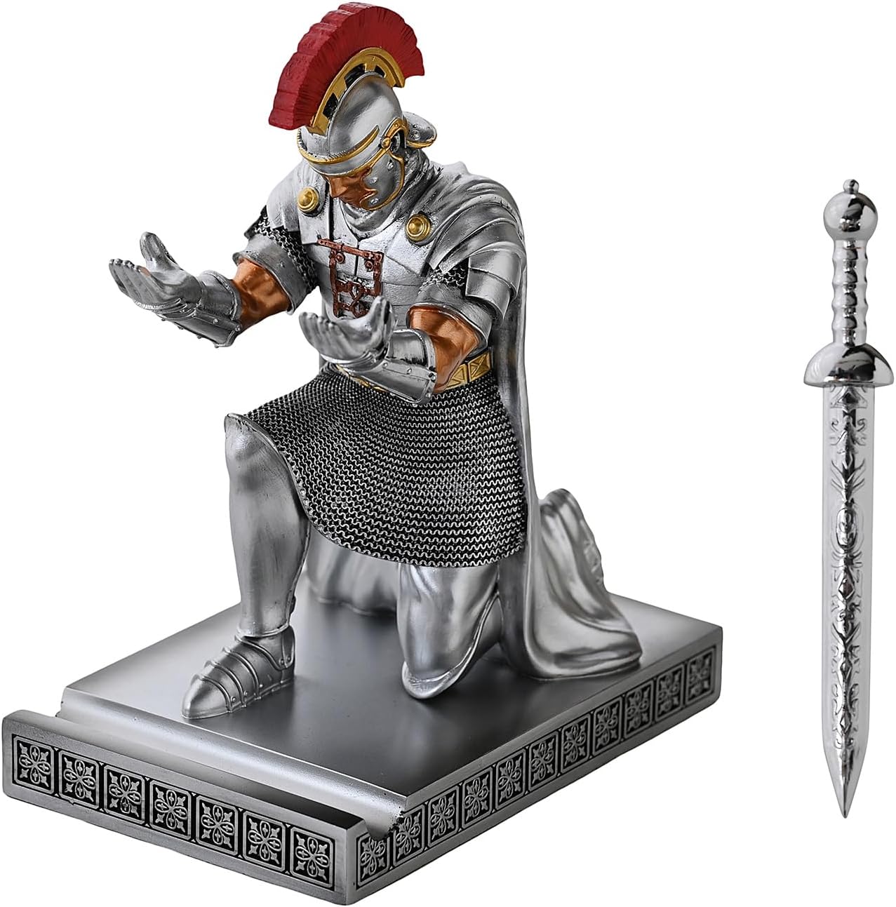 Roman Praetorian Prefect Warrior Knight Pen Holder Desk Ornament Resin Praetorian Guard Mobile Phone Stand Desk Accessories and Organizer For Office with a Letter Opener (Silver)