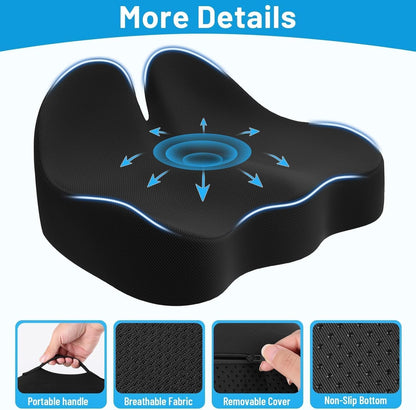 Seat Cushion, Memory Foam Office Chair Cushions, Ergonomic Curved Design for Sciatica, Tailbone, Coccyx, Seat Support for Car, Desk Chair, Wheelchair, Enhances Long Sitting Comfort (Black)